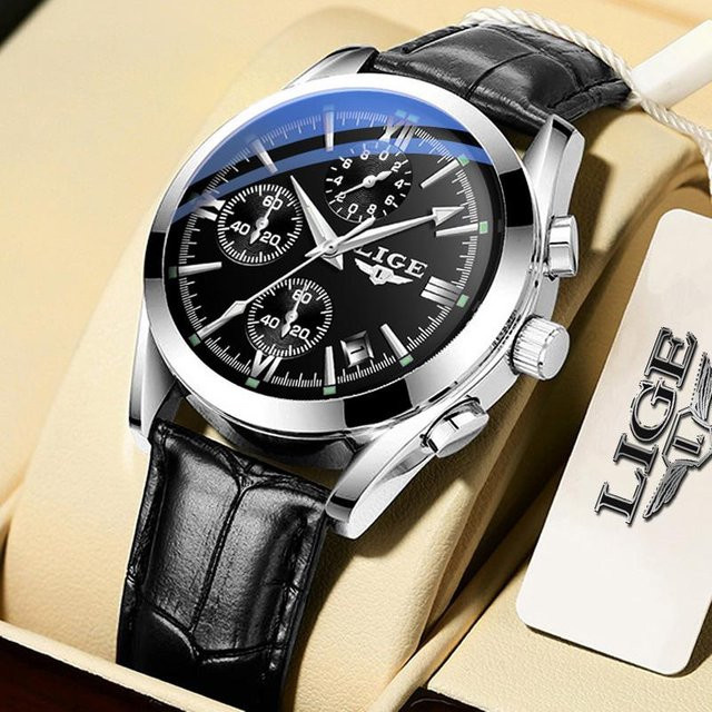 LIGE Sport-Chronograph-Armbanduhr, Quarz, Edelstahl, Leder, Silber/Schwarz, Herren - Bild 1