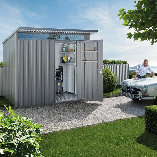 Biohort Metall-Gerätehaus AvantGarde Gr. A5 mit Doppeltür und Satteldach in Silber Metallic - Bild 1