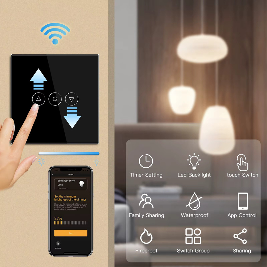 BSEED Smart WiFi Dimmer Schalter mit Tuya App-Steuerung, Dimmbarer LED Lichtschalter aus schwarzem Glas mit blauer Hintergrundbeleuchtung - Bild 2