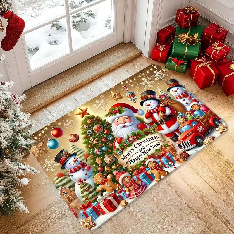 VIKAMA Weihnachts-Bodenmatte aus Flanell mit Weihnachtsmann, Schneemann und Rentier-Design in Multicolor, maschinenwaschbarer Druckteppich für Wohnzimmer, Flur oder Badezimmer - Bild 3