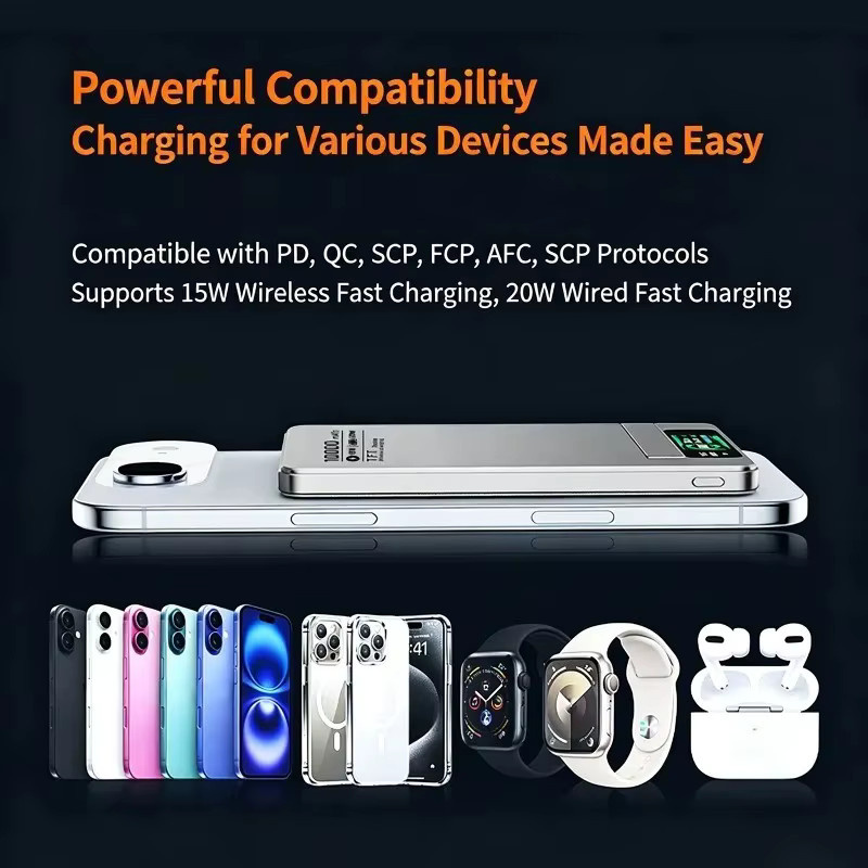 Magnetische Powerbank mit Halterung und TFT-Digital-Display in Orange, 5000/10000mAh, kabelloses Schnellladen für Handys und Uhren - Bild 2