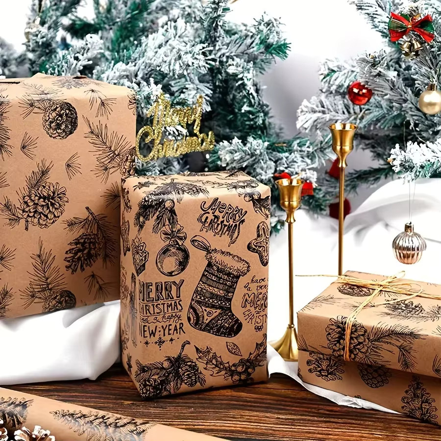 Weihnachts-Geschenkpapier mit Kiefernbaummuster in Braun, reißfeste Kraftpapier-Rolle für deine Weihnachtsdekoration - Bild 2