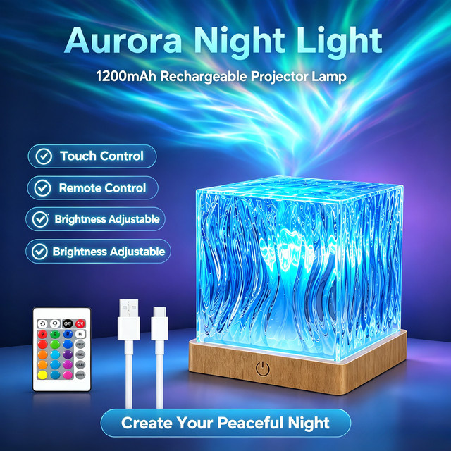 CENSHION Aurora Wasserwellen-Projektor Nachtlicht mit Touch-Fernbedienung, 16 Farben, Multicolor, wiederaufladbar - Bild 1