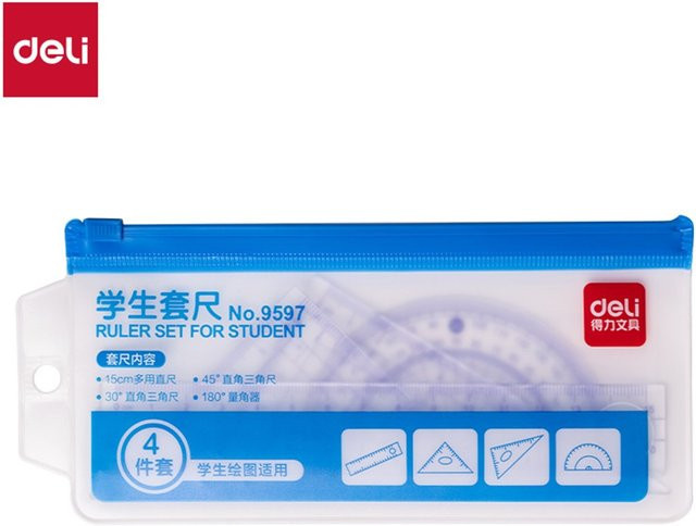 Deli 4-teiliges Essential Geometry Set aus transparentem Kunststoff mit Winkelmesser, Lineal und Dreieckslineal für Studenten und Architekten - Bild 1