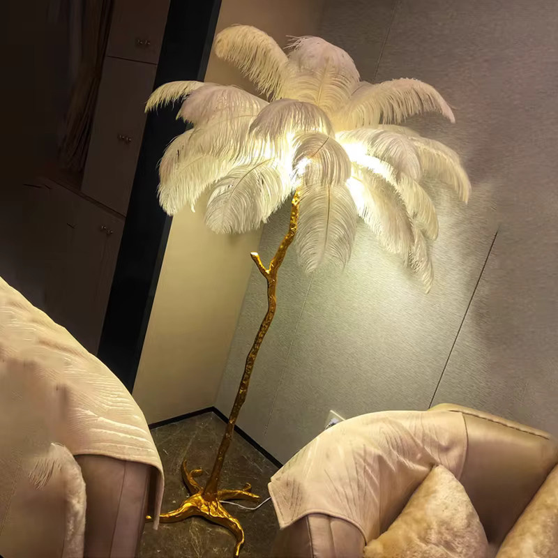 VIGOUS Nordic LED Bodenlampe mit Straußenfedern aus Harz und Kupfer in Gold/Messing für Wohnzimmer und Schlafzimmer - Bild 4
