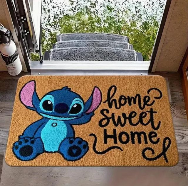 Miniso Stitch The Movie Willkommen Fußmatte mit Blumendesign, rutschfest und maschinenwaschbar, B/B: 40 x 60 cm, Mehrfarbig - Bild 1