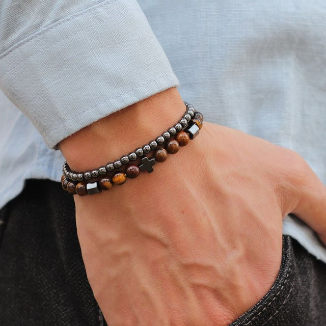 Armband Set Herren, Hämatit Perlen, Kreuz, Lava, Tigeraugen, Schwarz - Bild 1