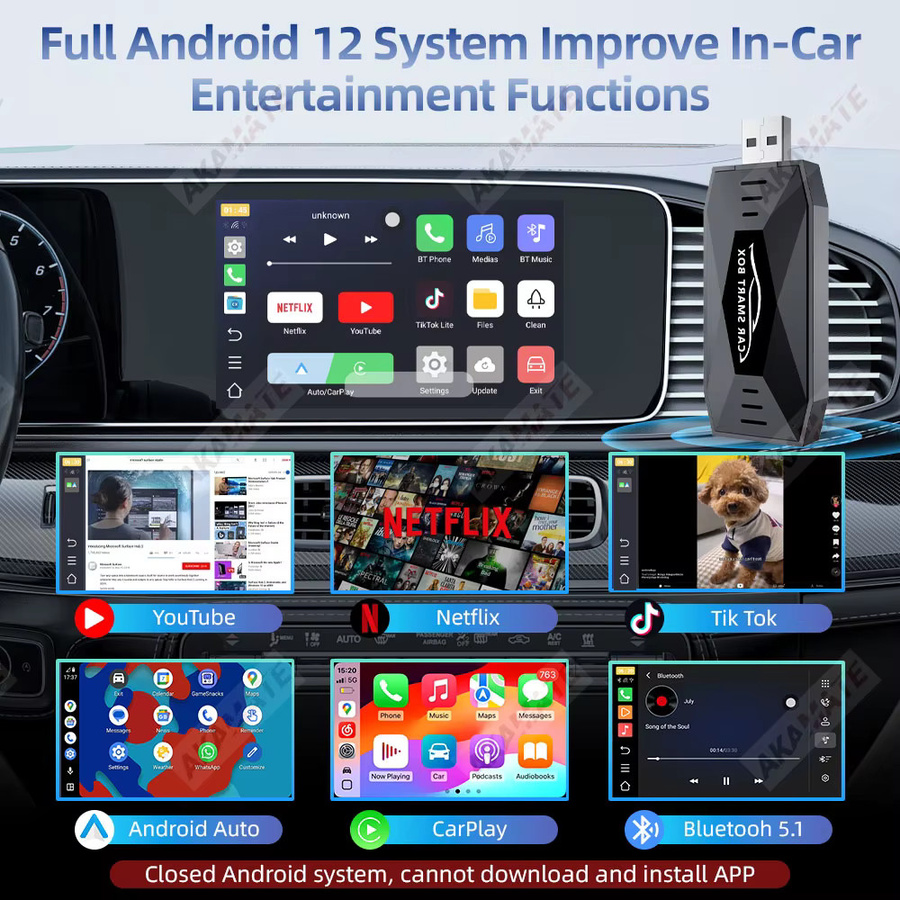 AKAMATE 3in1 Mini AI Box Autoradio-Adapter mit Wireless CarPlay, Android Auto und Bluetooth, unterstützt Netflix, YouTube und TikTok, Farbe: Schwarz, Anschluss: USB Typ-C - Bild 4