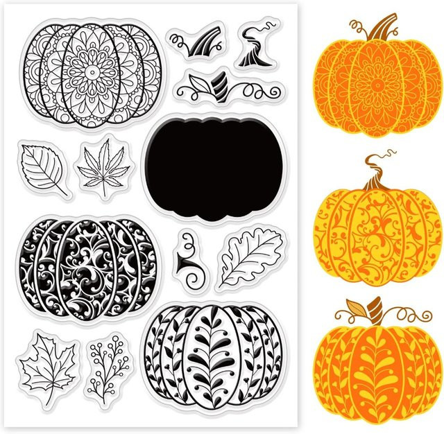 Transparenter Silikon-Stempel mit Halloween-Kürbis und Herbstmotiven für Bastelarbeiten - Bild 1