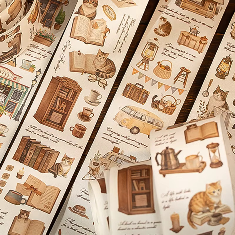 Mr.Paper Washi Tape Set Coffee & Cat mit Vintage-Kätzchen- und Café-Motiven, 2 Rollen, Multicolour - Bild 2