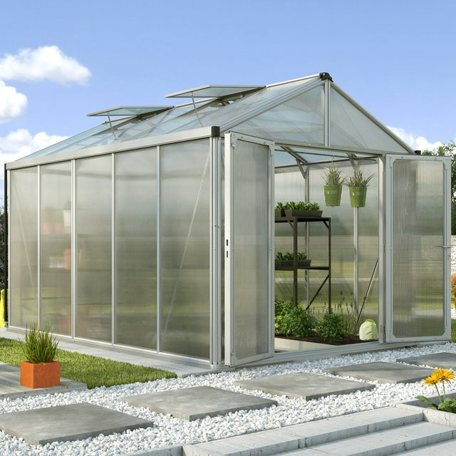 Vitavia Gewächshaus Zeus Comfort 10000 mit 10 m² Fläche, Aluminium eloxiert in Silber, Polycarbonat-Verglasung, Satteldach, mit Doppelschwingtür und Zylinderschloss - Bild 1