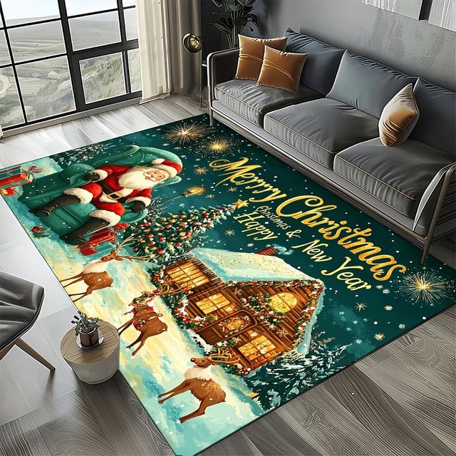 Rutschfester Teppich mit Weihnachtsmotiv Weihnachtsmann und Rentier in Mehrfarben für Wohnzimmer und Schlafzimmer - Bild 1