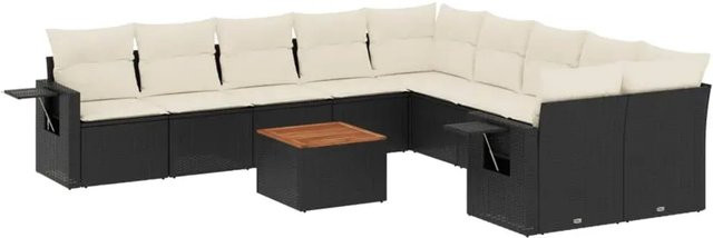 vidaXL 11-teilige Garten-Sofagarnitur aus Poly-Rattan und Akazienholz in Schwarz-Creme mit Kissen - Bild 1