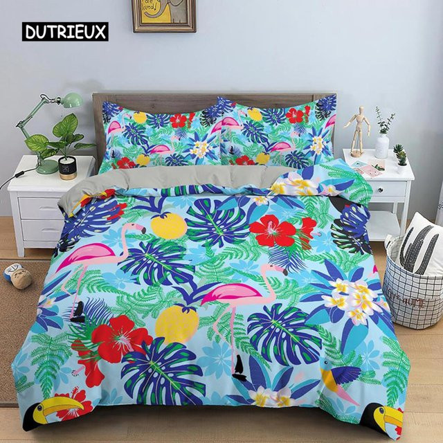 Binchi Bettwäsche-Set mit Flamingo und tropischem Botanik-Motiv, Lila und Pink, B/H: 135 x 200 cm - Bild 1