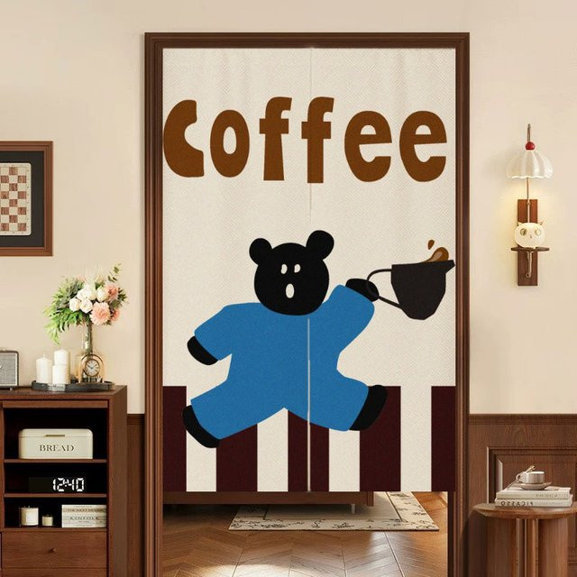 VIKAMA Maillard Coffee Bear Türvorhang im japanischen Stil, dekorativer Raumteiler und Sichtschutz für Küche und Café, mehrfarbig - Bild 1