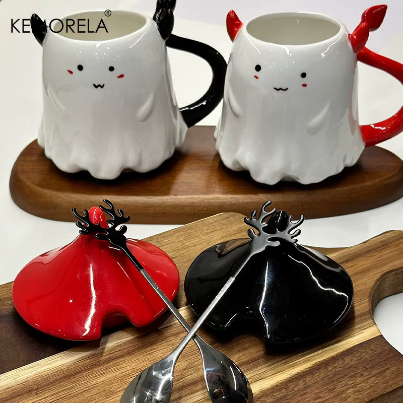 KEMORELA Keramik-Kaffeetasse mit Halloween-Motiv, Deckel und Löffel, 470 ml, Schwarz-Weiß - Bild 4