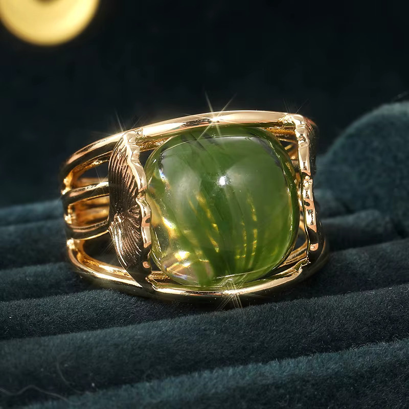 YoYo Ginkgoblatt-Ring, synthetischer grüner Achat, Damen, Vintage - Bild 2