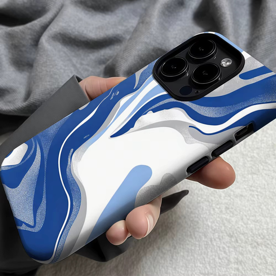 Casegame Matte MagSafe Bumper Hülle für iPhone 17 16 15 14 13 Pro Max Stoßfestes PC Cover Blau Silber Marmor Wirbel - Bild 4