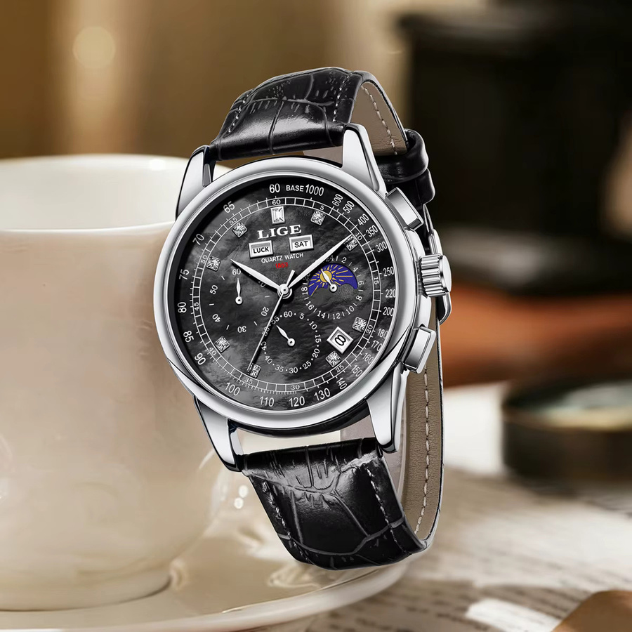 LIGE Chronograph Armbanduhr, Quarz, Blau, Leder, Herren - Bild 2