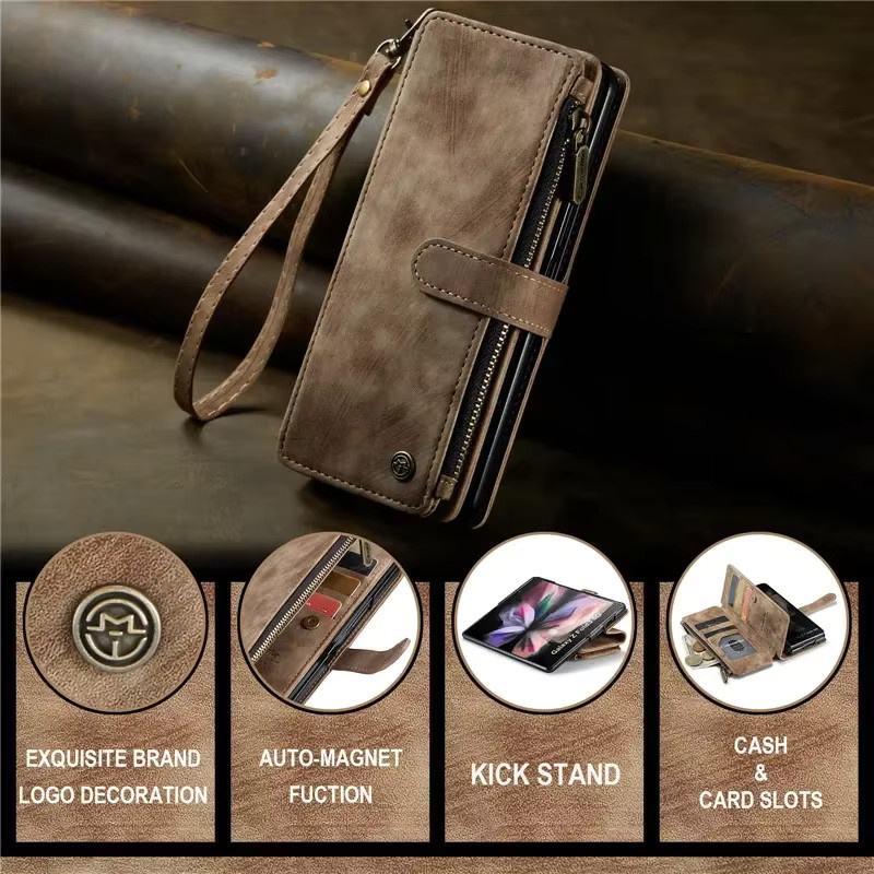 Business Flip Leder Handyhülle mit Reißverschluss und Wallet Card Cover für Samsung Galaxy Z Fold 7 6 5 4 sowie S25 Ultra S24 FE S23 S22 S21 S20 Plus in Rot und Braun - Bild 4