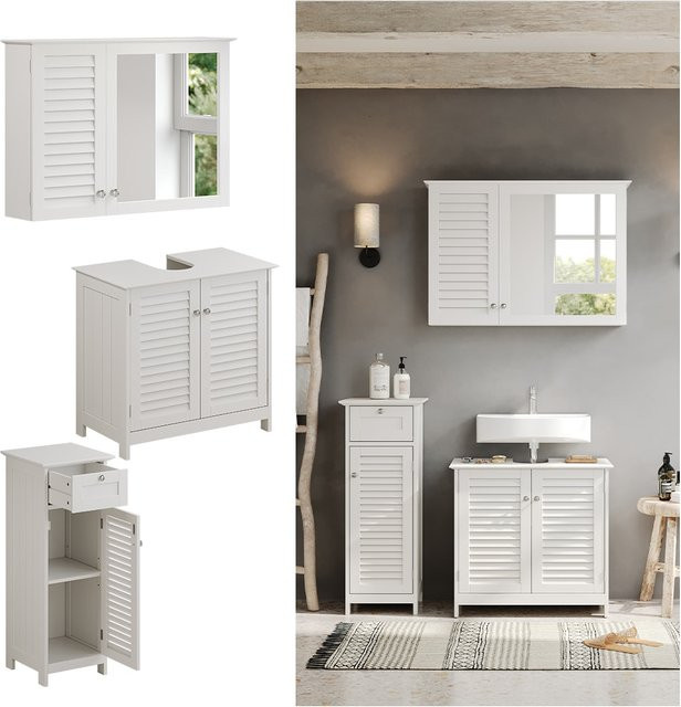 Vicco Badmöbel-Set Riad in Weiß, modernes 3-teiliges Badezimmer-Set mit Waschtischunterschrank, Spiegelschrank und Midischrank mit Lamellen-Front - Bild 2