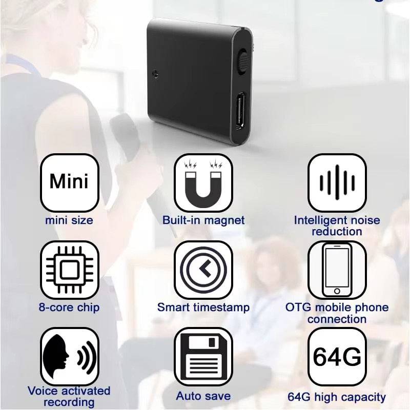 STTWUNAKE Mini Sprachaktivierter Rekorder mit OTG Handy-Verbindung, Digitales Mikro-Diktiergerät mit Magnet, Schwarz - Bild 3