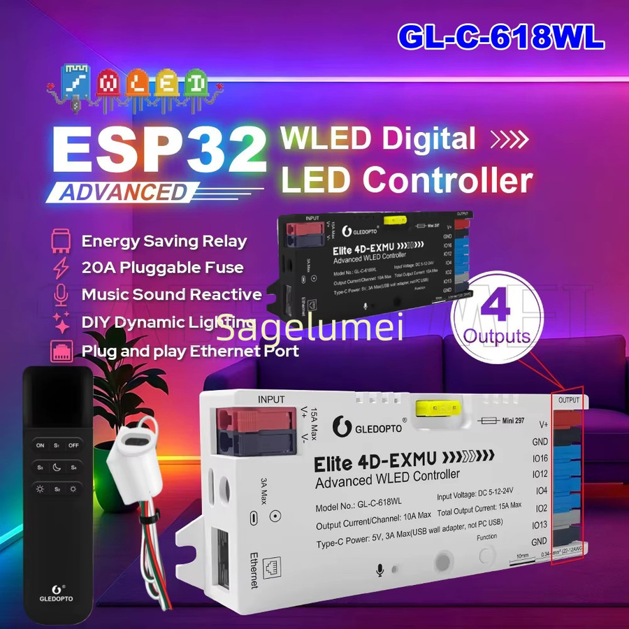 GLEDOPTO Elite Series Peak Work GL-C-618WL Digitaler Lichtstreifen-Controller mit 4-Wege-Ausgang, ESP32 Ethernet, WLED, Mikrofon und UART, 20A, Weiß - Bild 1