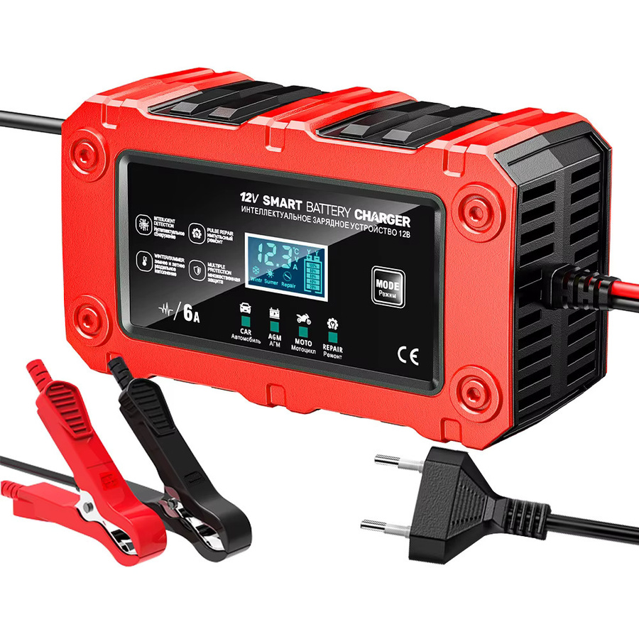Multifunktionales Autobatterie-Ladegerät 12V 6A mit LCD-Anzeige und Impulsreparatur für Blei-Säure-Batterien in Rot - Bild 5