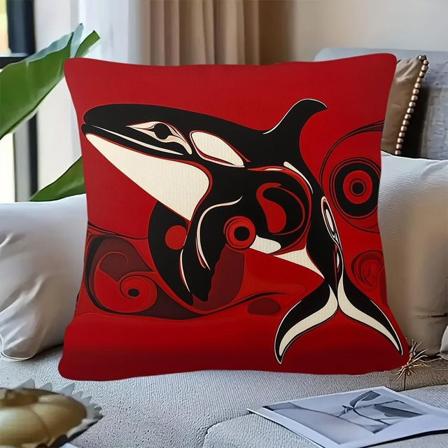 JMG Clothing Kissenbezug Orca Wal in Rot und Schwarz, Abstraktes Meerestier im Nordischen Stil, B/B: 50 x 50 cm - Bild 1