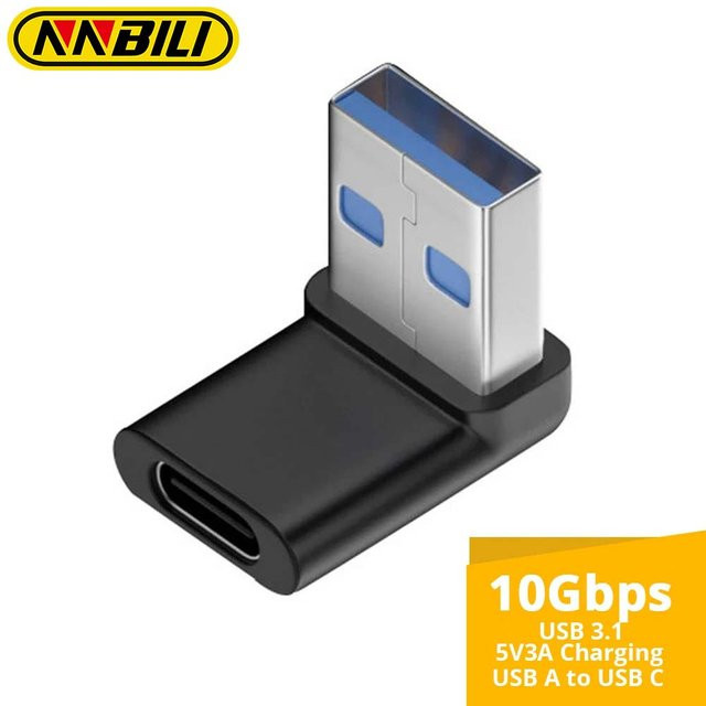 NNBILI USB 3.0 auf USB-C Adapter, 90-Grad-Winkel USB-A Stecker auf USB-C Buchse, Schwarz - Bild 1