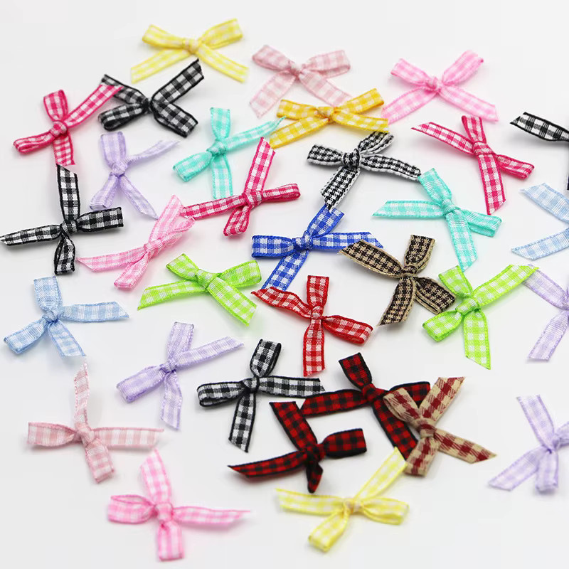 100 Stück bunte Mini-Bandschleifen mit Karomuster, 35 mm textile Schleifen für Geschenkboxen und Hochzeiten, Mehrfarbig - Bild 2