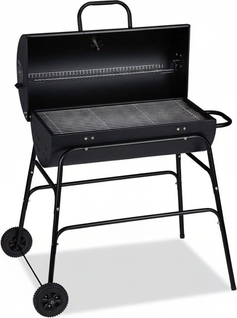 Relaxdays Holzkohlegrill aus Stahl in Schwarz mit Deckel, Rollen und Warmhalterost, B/T/H: 96,5 x 103 x 64,5 cm - Bild 1