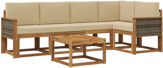 vidaXL Outdoor-Sofagarnitur aus Massivholz Akazie in Natur und Beige, 6-teiliges L-Shape Gartenmöbel-Set mit Polstern und Couchtisch für Terrasse und Garten - Bild 1
