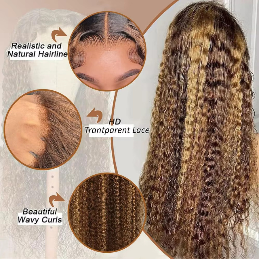 Highlight Ombre Deep Wave Lace Front Perücke aus Echthaar, 26 Zoll, Honigblonde, 200% Dichte, Damen - Bild 3