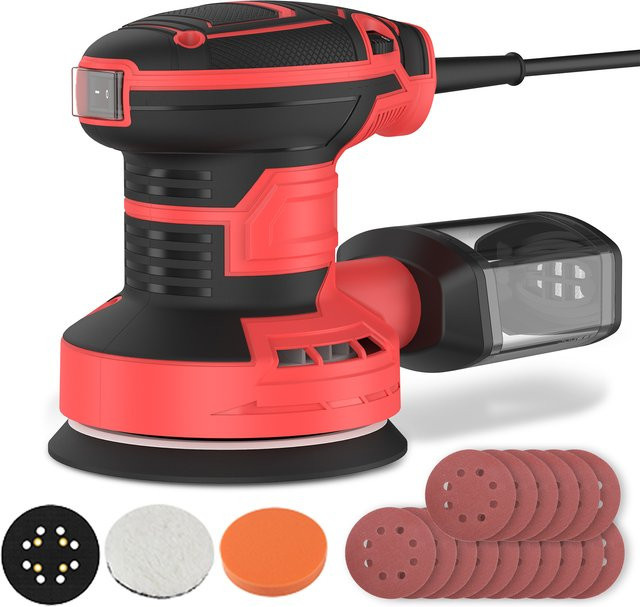 DWiusty Elektrische Schleifmaschine Exzenterschleifer mit variabler Geschwindigkeit, 300W, Rot, Schleifscheiben-Durchmesser: 125 mm - Bild 1