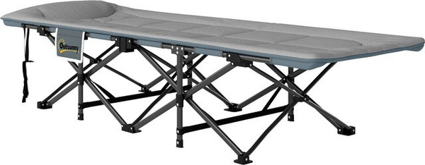 Outsunny Faltbares Feldbett mit Matratze und Kopfkissen in Grau, Campingbett für Erwachsene mit Seitentaschen, B/T/H: 187 x 67 x 37 cm