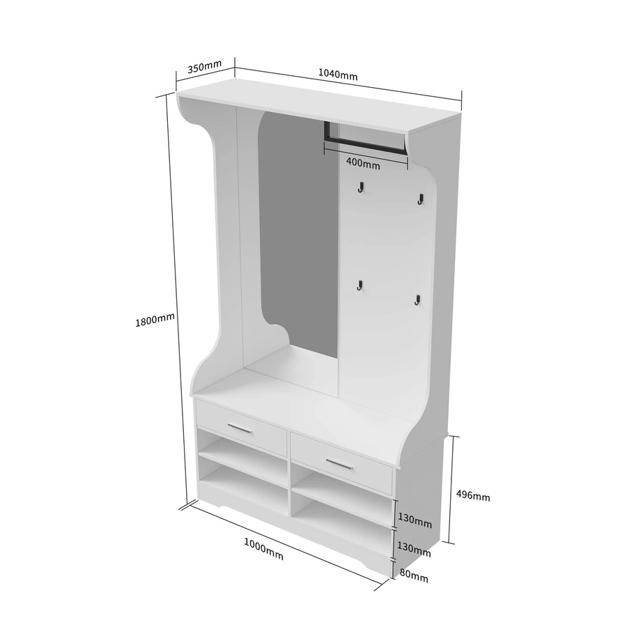 Comanlai 6-in-1 Garderobe für den Eingangsbereich mit Spiegel, Schuhbank, 2 Schubladen, 4 Haken, 4 offenen Schuhschränken und Kleiderstange in Weiß Matt - Bild 2