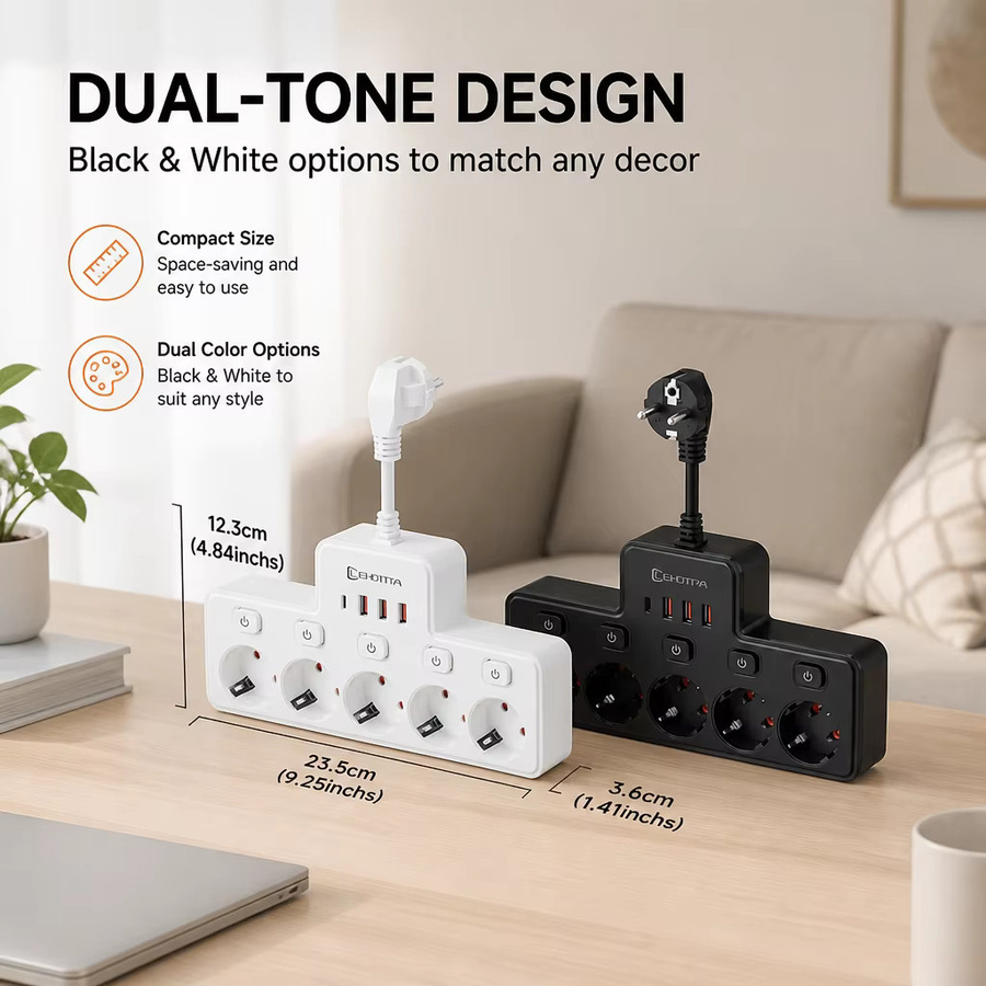 Lehotpia Steckdosenleiste mit Netzwerkfilter und USB-C-Ladefunktion, 2500 W, mit unabhängigen Schaltern und Wandmontage, EU-Stecker Standard - Bild 3