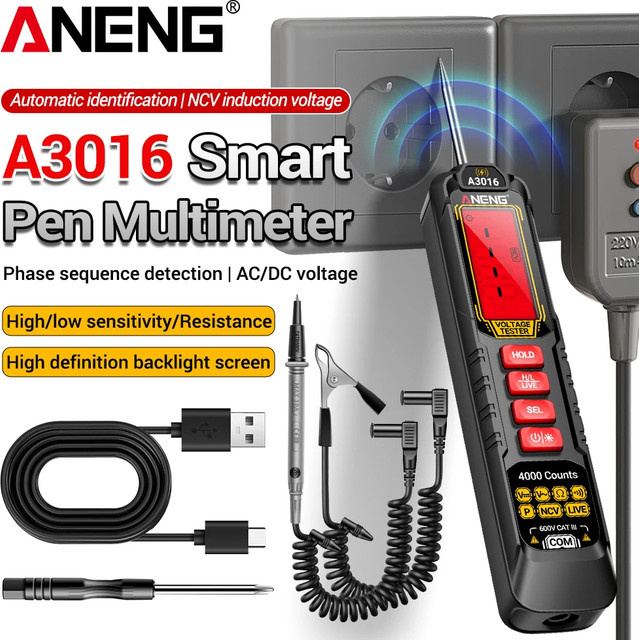 ANENG A3016 Stift-Multimeter in Schwarz: Wiederaufladbarer Spannungstester 600V AC DC mit NCV Induktions-Nullleiter- und Spannungsüberbrückungs-Detektor - Bild 1