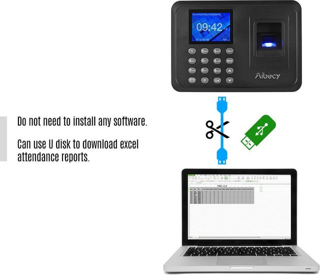 Aibecy Biometrische Fingerabdruck-Anwesenheitsmaschine mit Passwortfunktion und 2,4-Zoll-LCD-Bildschirm in Schwarz - Bild 1