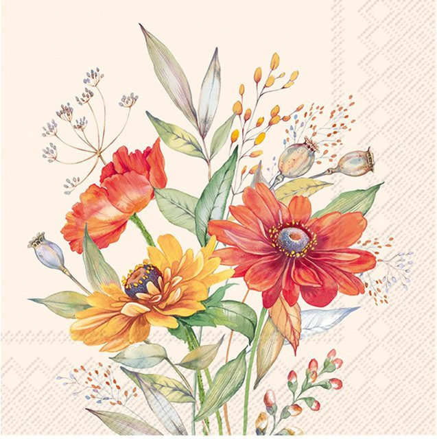Serviette Sunset Bouquet mit Blumenmotiv in Orange und Gelb, 33 x 33 cm - Bild 1