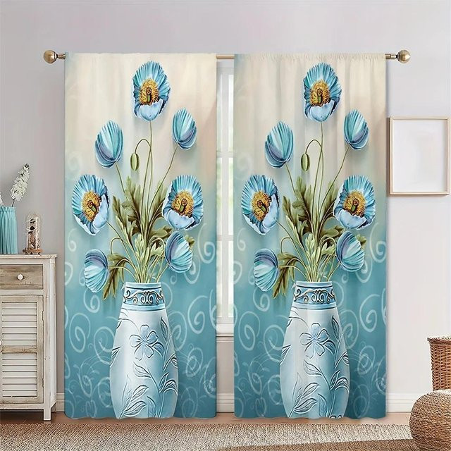Yiran Furniture Vorhangset mit Blumenmuster, 2 Stück semi-transparente Polyester-Fensterdekoration mit Ösen, Breite: 230 cm, Höhe: 135 cm - Bild 1