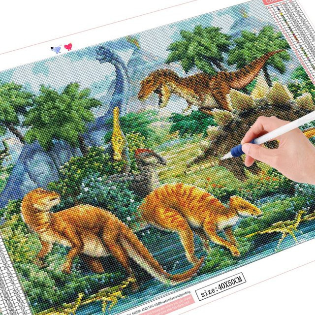 FIYO Diamantmalerei Dinosaurier Winter Motiv mit quadratischen Bohrern, B/H: 50 x 70 cm, Mehrfarbig - Bild 1