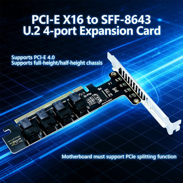T.F.SKYWINDINTL PCIe-zu-U2-Adapterkarte mit 4 Ports SFF-8643 in Schwarz für X4 X8 X16 Steckplätze - Bild 1