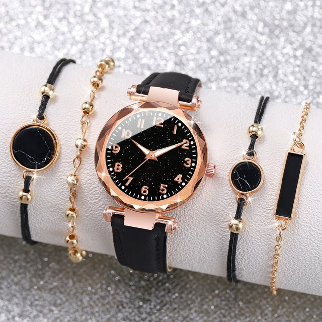 Armbanduhr Set, Quarz, Leder, Schwarz, Damen - Bild 1