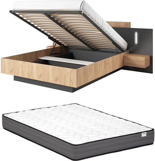 Francoli Bett mit Bettkasten in Anthrazitgrau und Naturfarben Hell, B/T: 160 x 200 cm - Bild 1