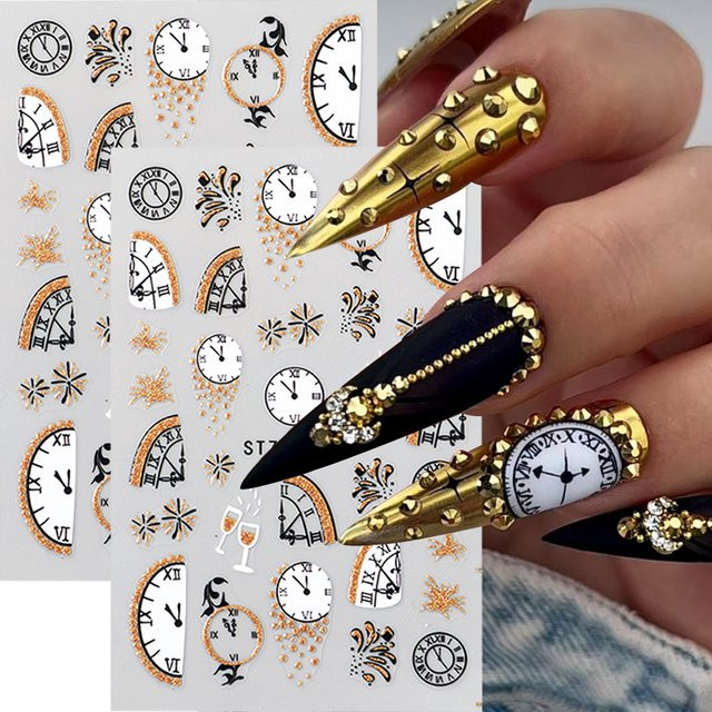 Full Beauty Nagelkunst-Aufkleber, schwarz goldene Uhr Weinglas Feuerwerk, 2 Stück - Bild 1