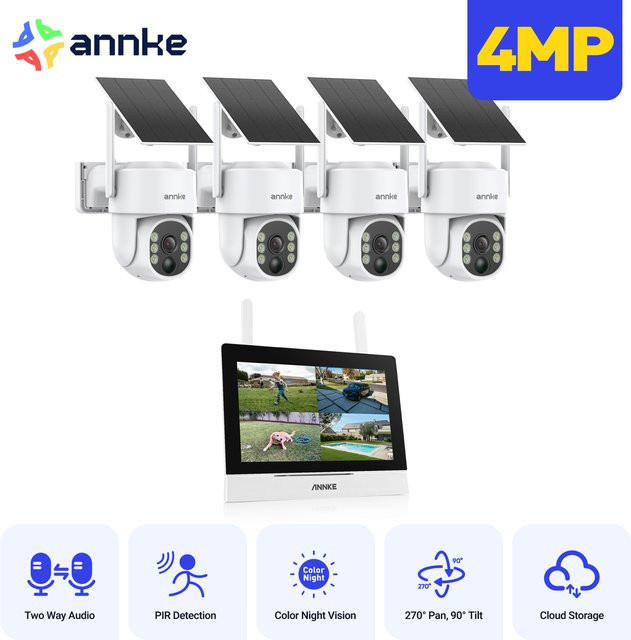 Annke Solar Wireless Security Camera Set mit 4MP Auflösung, 4 Kameras, 7 Zoll Monitor und NVR, Farbe Weiß - Bild 1