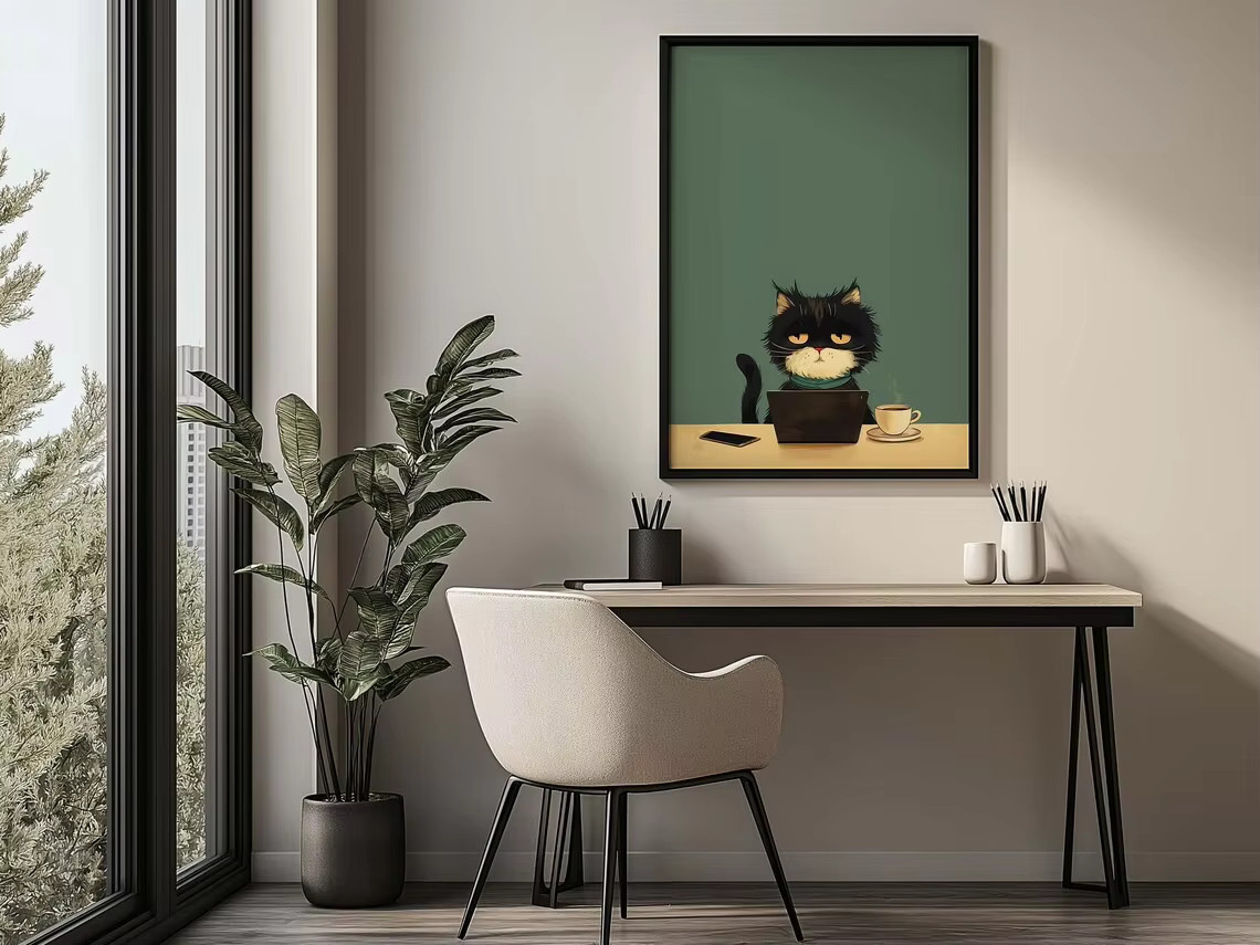 SHENCHEN Wandbild Retro Motiv Grumpy Black Cat mit Laptop und Kaffee in Schwarz und Multicolour - Bild 3