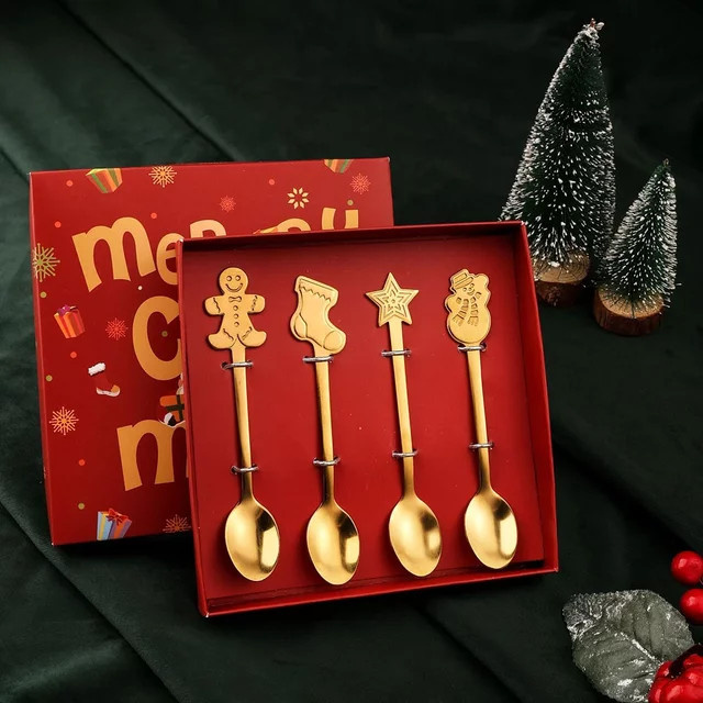 Uniturcky Dessertlöffel Set mit Elch- und Weihnachtsbaum-Motiv, 4 Stück, Gold und Silber, Metall poliert - Bild 1